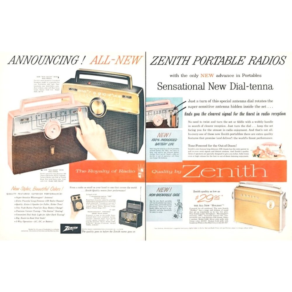 1957 Zenith Portable Radio 2 Page Vintage Print Ad Sun Valley Sea Shore MCM 50s